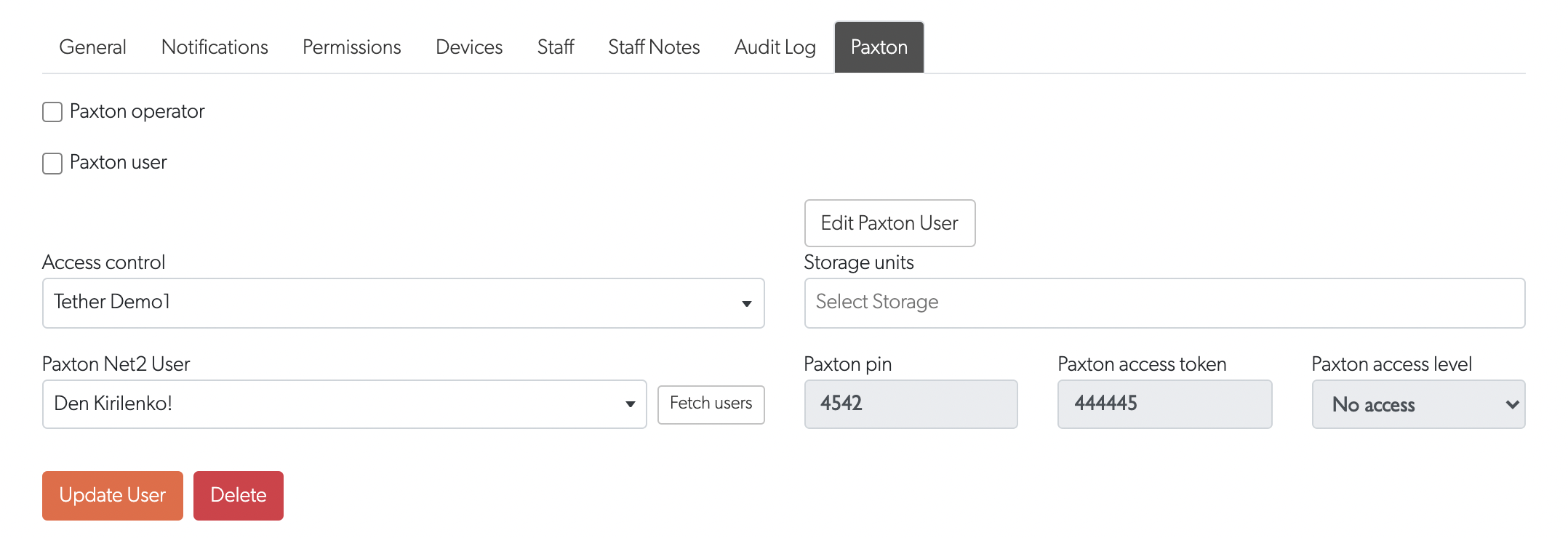 User Paxton tab with fields
