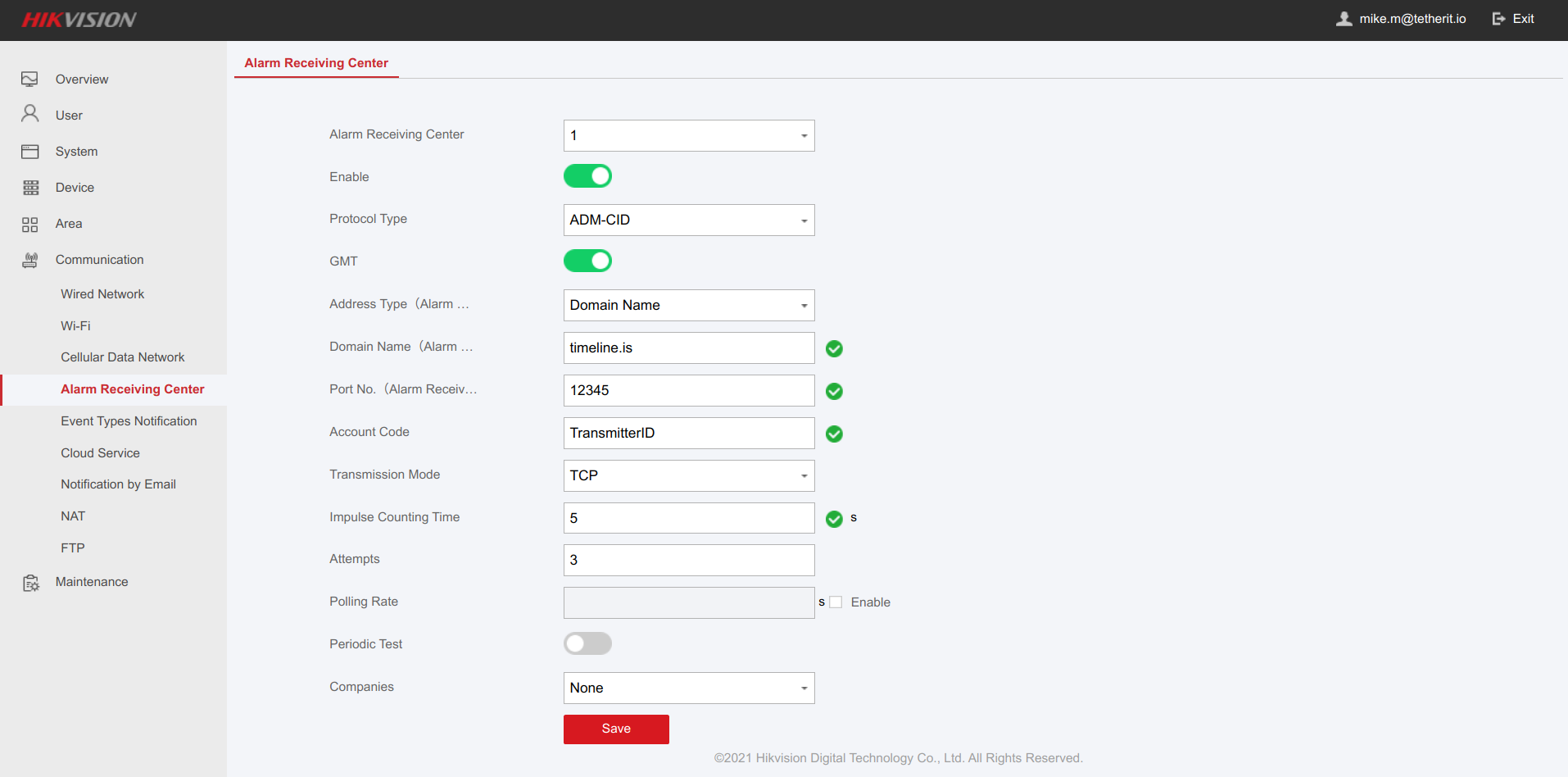 Alarm Receiving Centre settings