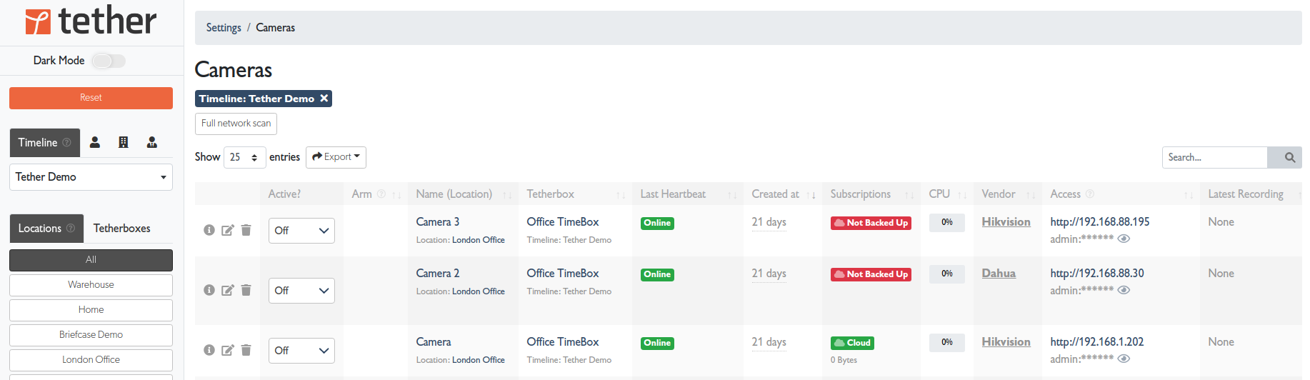 Cameras list showing backup status column