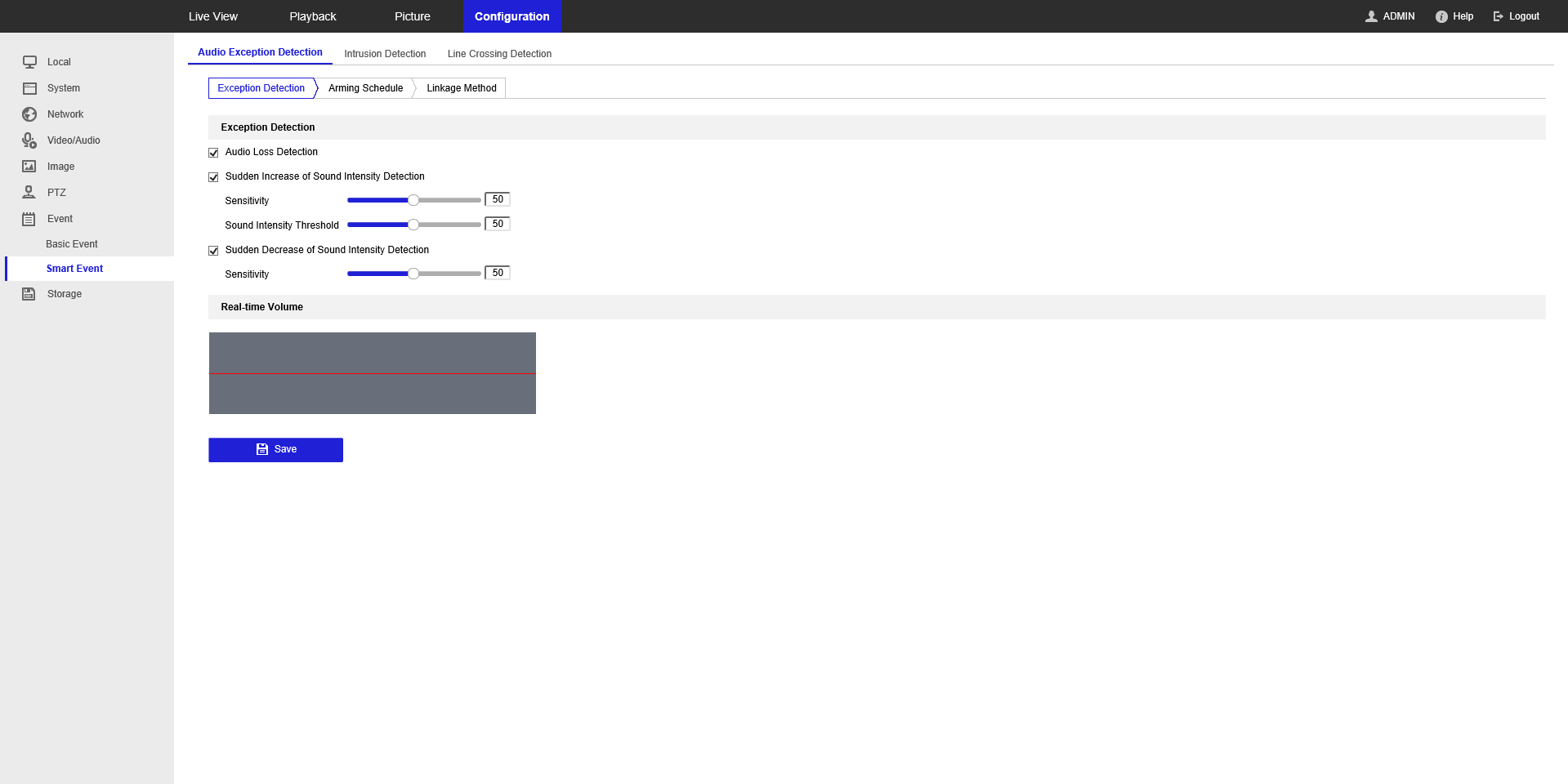 Smart Event settings showing audio detection options