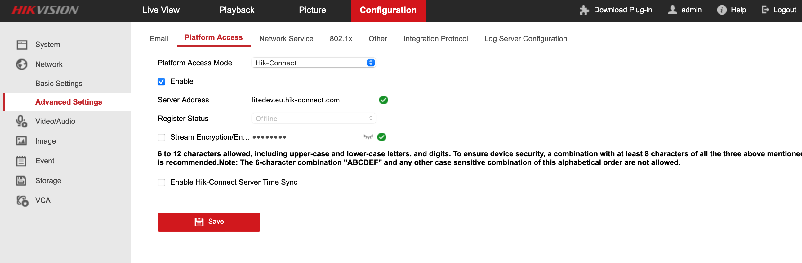 Hikvision Platform Access settings with Stream Encryption disabled