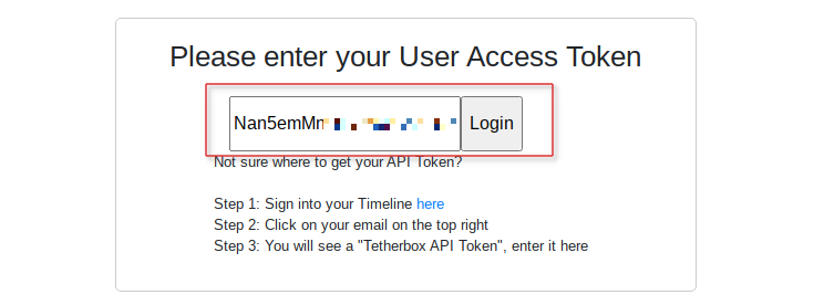Entering API token into TetherBox login
