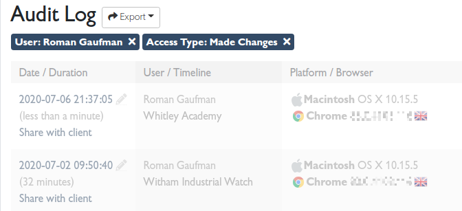 Filtered results showing Made Changes